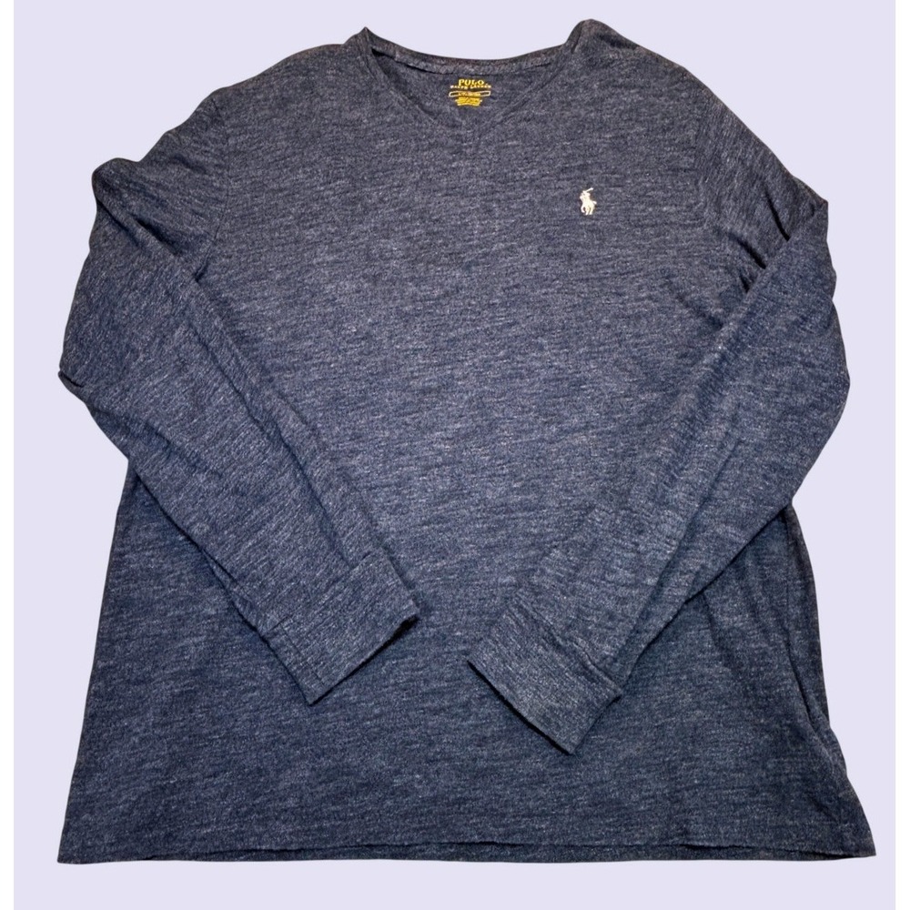 Polo Ralph Lauren Mens Navy Blue Heathered V-Neck Long Sleeve T-Shirt Large